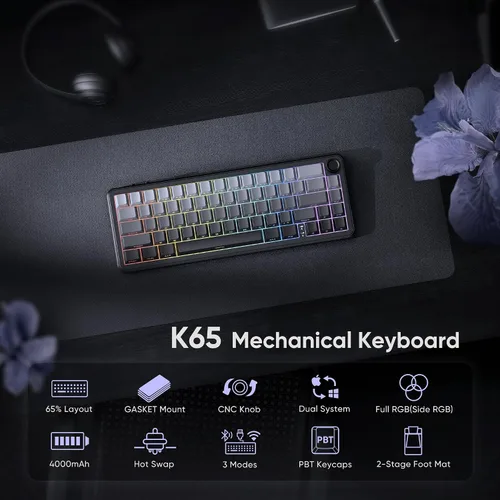 Vista 2 de RedThunder Teclado mecánico inalámbrico para juegos K65, conexión de modos de viaje, teclado de intercambio en caliente personalizado de junta