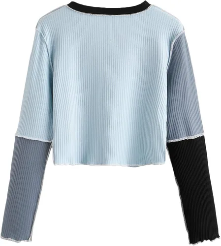 Vista 2 de SheIn Camiseta corta de manga larga con cuello redondo y punto acanalado para mujer