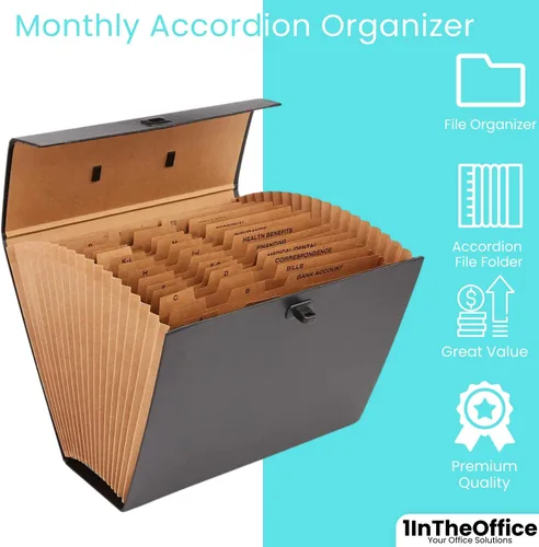 Vista 2 de 1InTheOffice Carpetas de archivos expandibles, tamaño carta, organizador de archivos alfabético, 19 bolsillos, índice A-Z, color negro