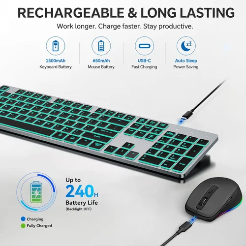 Vista 13 de Teclado inalámbrico silencioso y mouse retroiluminado, combo de teclado plano silencioso recargable, mouse Jiggle, mouse delgado inalámbrico de 2.4
