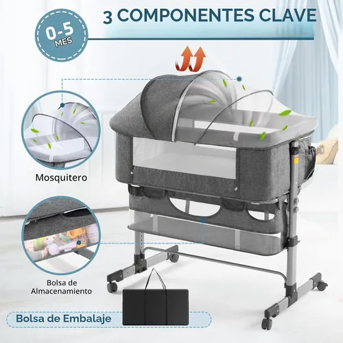 Vista 8 de Ihoming Moisés para bebé, cuna lateral con cesta de almacenamiento, cuna plegable fácil, cama ajustable para bebé recién nacido, gris