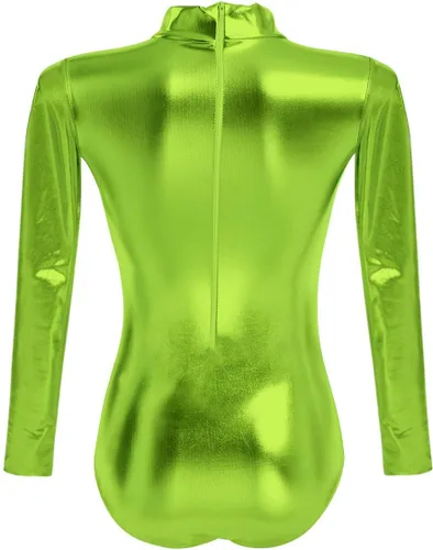 Vista 3 de OwlFay Leotardo de ballet metálico brillante para mujer, manga larga, cuello alto falso, leotardo de gimnasia, Metálico
