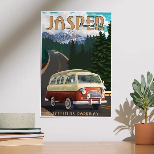 Vista 2 de Lantern Press Impresión artística de 12 x 18 pulgadas, Parque Nacional Jasper, Canadá, Icefields Parkway, Camper Van