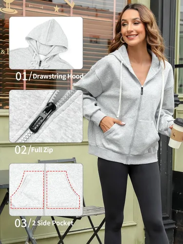 Vista 4 de ATTRACO Sudadera de gran tamaño para mujer, sudadera con capucha de forro polar con cremallera y manga larga recortada
