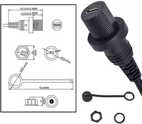 Vista 5 de Cable micro USB de 5 pines de montaje empotrado, cable de extensión micro USB macho a hembra para montaje en panel de instrumentos para automóvil
