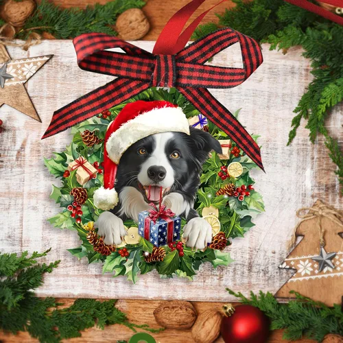 Vista 3 de Talataca Border Collie - Corona de sombrero de Navidad, para amantes de los perros, árbol de Navidad plano 2D, adorno de madera, decoración colgante