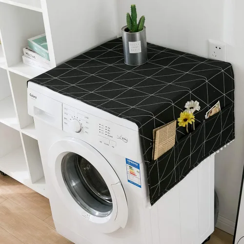 Vista 8 de vctops Funda de algodón y lino con estampado bohemio para nevera, a prueba de polvo, pompones, cubierta superior de lavadora multiusos con 6