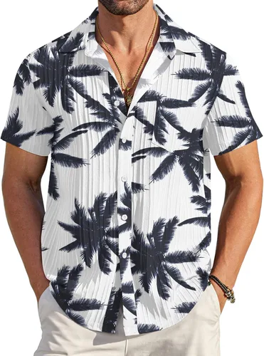 Vista 34 de COOFANDY - Camisas de botones casuales para hombre, de manga corta, con textura, camisa de playa de verano con bolsillo