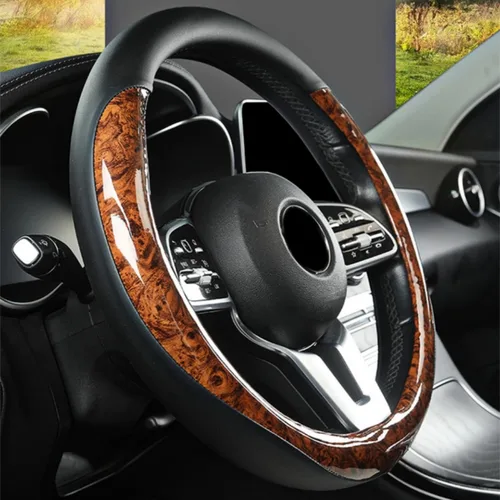 Vista 4 de Funda para volante de grano de madera, de piel de microfibra, transpirable, antideslizante, protector universal de 14.5-15 pulgadas, accesorios