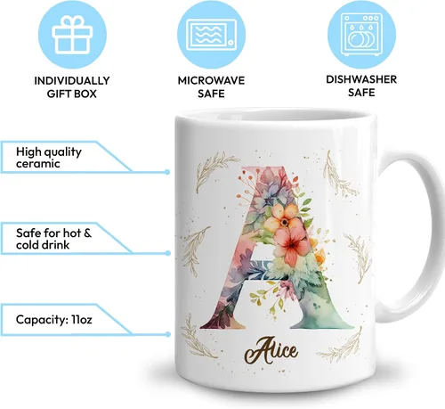 Vista 3 de Hyturtle Taza de café personalizada con inicial con nombre, monograma de cumpleaños, regalos de Navidad para niñas y mujeres, letra A del alfabeto