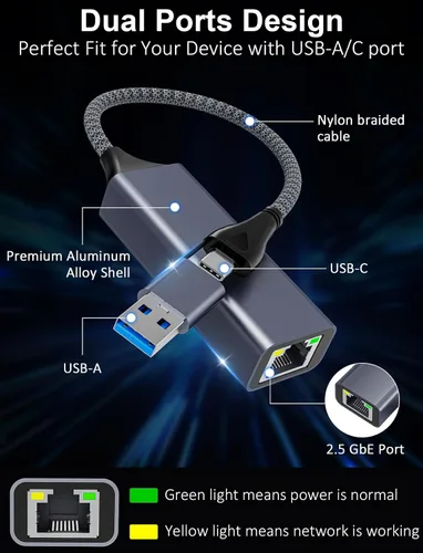 Vista 3 de Adaptador USB C a Ethernet de 2.5 Gbps, 2 en 1 USB 3.0 y adaptador de red USB-C a RJ45, convertidor LAN Gigabit de 2500 Mbps con carcasa