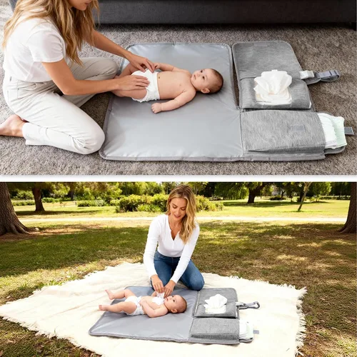 Vista 9 de Cambiador de pañales portátil, almohadillas de cambio de pañales de viaje lavables y plegables, tapete cambiador de bebé grande con bolsillo