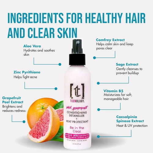 Vista 3 de Teenology Desenredante acondicionador sin enjuague + protector de calor para adolescentes, ayuda con el acné y los brotes, aroma de pomelo rosa, 6