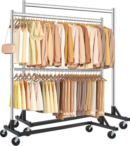 Vista 11 de Hoctieon Estante de doble barra Z, estantes de ropa rodantes con base en Z, perchero ajustable para ropa, perchero de pie para ropa de pie, perchero