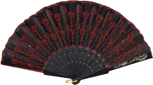 Vista 3 de InnoLife Elegante abanico de mano plegable con flores bordadas y patrón de pavo real con lentejuelas en tela artesanal (5 piezas, rojo)