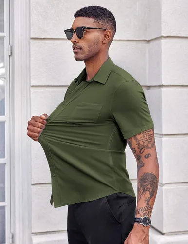 Vista 4 de COOFANDY Camisas casuales con botones para hombre, camisa de vestir de manga corta elástica con bolsillo