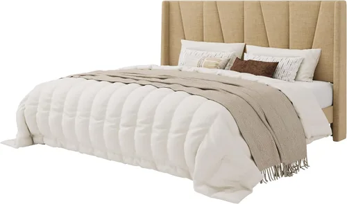 Vista 8 de SHA CERLIN Base de cama tamaño King con cabecera geométrica con respaldo de ala, cama de plataforma tapizada con espacio debajo de la cama de 8 Beige