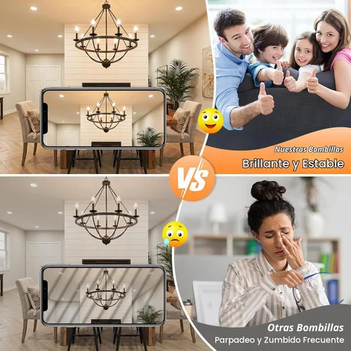 Vista 5 de Brightever Bombillas LED E12 regulables, bombillas equivalentes a 60 W, bombillas LED de araña de 6 W, blanco cálido de 2700 K, bombillas LED