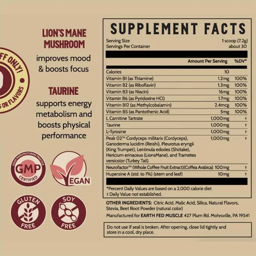 Vista 6 de Earth Fed Muscle Stampede sin estimulantes antes del entrenamiento, cereza agria, estimulante y sin cafeína, aumenta la energía, la resistencia