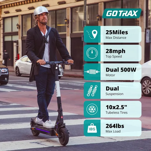 Vista 2 de Gotrax Ares - Patinete eléctrico todoterreno para adultos, neumáticos sin cámara de 10 pulgadas, autonomía de 25 millas con motor dual de 500W