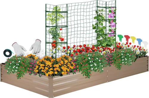 Vista 9 de ONCEMORE Cama de jardín elevada galvanizada para verduras, flores, hierbas, kit de cama de jardín elevada de metal con 2 jaulas de tomate, guantes