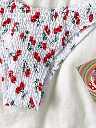 Vista 4 de SHENHE Traje de baño de dos piezas con estampado de cereza y corte alto y triángulo para mujer