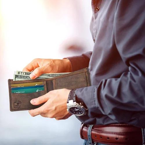 Vista 4 de Moonster Cartera de cuero para hombre con bloqueo RFID mantiene el efectivo y las tarjetas seguros organizados y de fácil acceso carteras delgadas