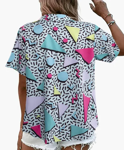 Vista 5 de Trajes de los años 80 y 90 para mujer, camisa de discoteca retro para fiesta temática de los años 80, camisa hawaiana de neón con botones y manga