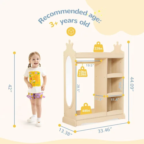 Vista 2 de Curipeer Almacenamiento de disfraces para niños con espejo, armario para niños con almacenamiento y 3 ganchos, armario para niños y niñas