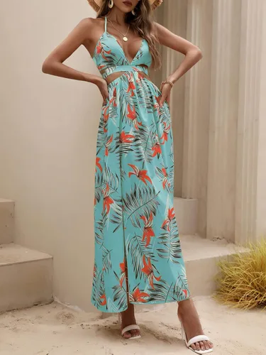 Vista 5 de MakeMeChic Vestido largo de verano con cuello en V profundo y abertura en la espalda abierta para mujer
