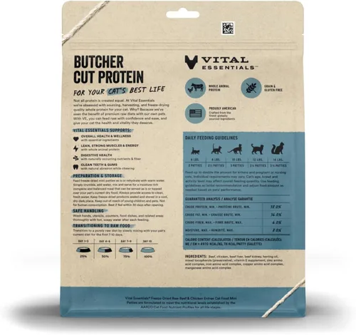 Vista 2 de Vital Essentials Freeze Dried Cat Food, Beef & Chicken Mini Patties, 8 oz