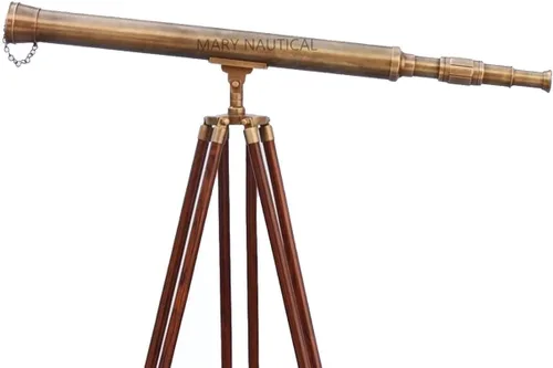 Vista 2 de Telescopio de latón de un solo barril acabado brillante telescopio de pie de madera marrón trípode vintage de alta ampliación trípode telescopio