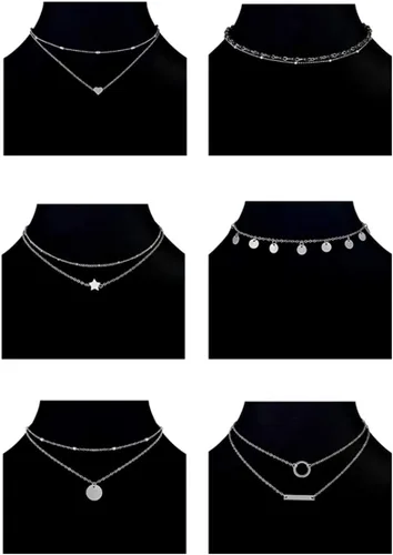 Vista 3 de 12 piezas Collar de Cadena con Cuentas Doradas Moneda Luna Estrella Colgante de Perla Cadena Gargantilla Collar Multicapa Cordón de Cuero Conjunto