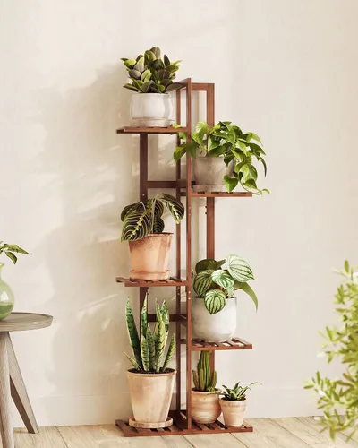 Vista 14 de Bamworld Soporte de bambú para plantas de interior con 6 niveles, estante de plantas de exterior, soporte de esquina para múltiples plantas, soporte