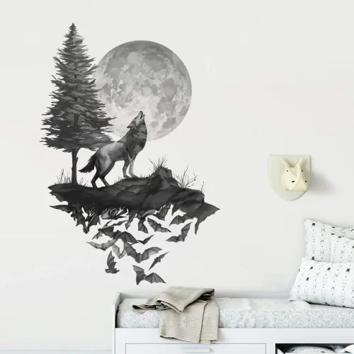 Vista 3 de Runtoo Pegatinas de arte de pared con diseño de luna, decoración de pared negra para dormitorio y sala de estar para niños