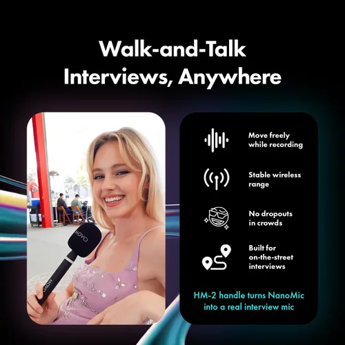 Vista 6 de Movo Kit de micrófono inalámbrico USB-C NanoMic con mango de entrevista, micrófono de entrevista de calle dual para iPhone 15/16/17+, Android y iPad
