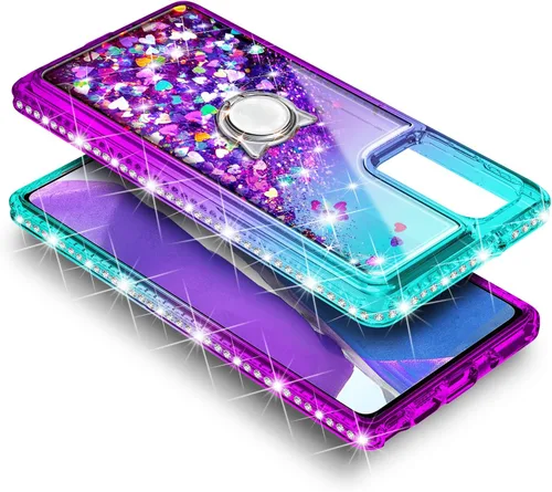 Vista 4 de NZND Compatible con Samsung Galaxy A13-5G funda para teléfono, aguamarina/morado Brillante purpurina flotante cascada líquida linda cubierta