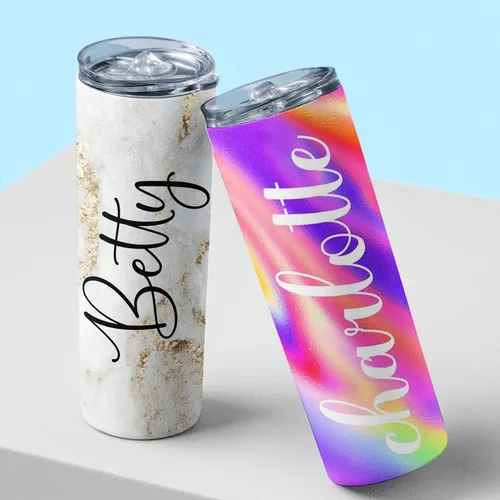 Vista 3 de Vaso delgado personalizado con tapa a prueba de fugas, 20 onzas, diferentes opciones de fondo y fuente, vaso personalizado con nombre, regalos
