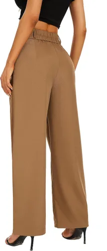 Vista 6 de FUNYYZO Pantalones de vestir de pierna ancha de cintura alta para mujer, plisados, cintura ancha, cintura elástica, pantalones casuales