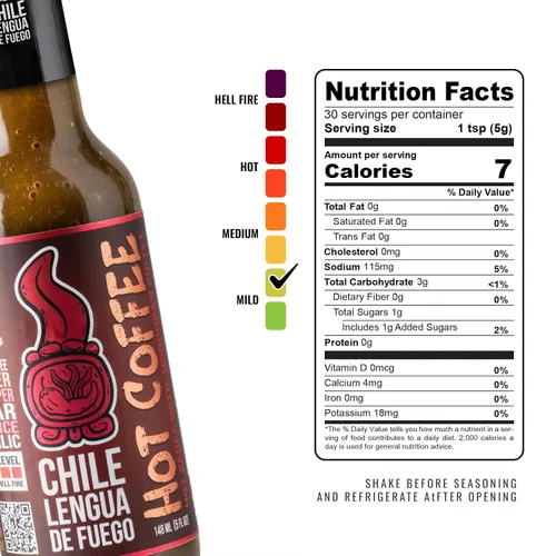 Vista 2 de Chile Lengua de Fuego Café caliente – Salsa picante jalapeño infundida con café, sabor ahumado tostado oscuro, calor suave, botella de 5 onzas