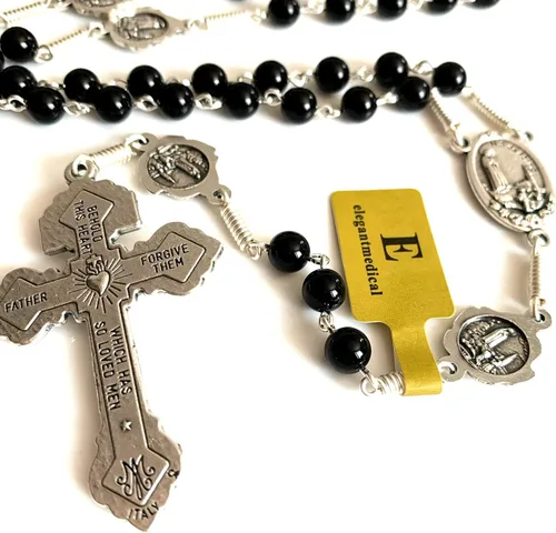 Vista 7 de elegantmedical Hecho a mano con cuentas de ágata negra de la señora de Fátima, collar de rosario, Crucifijo de indulto cruz, regalos católicos
