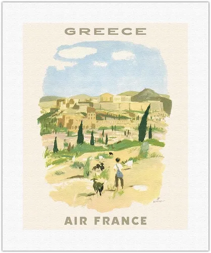 Vista 9 de Greece - Acropolis of Athens - France - Vintage Airline Travel Poster by Georges Beuville c.1958 - Fine Art Rolled Canvas Print 11in x 14in