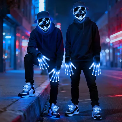 Vista 2 de LED Mask Gloves Shoelace Set, Red & Blue Halloween Costume Rave Cosplay Kit