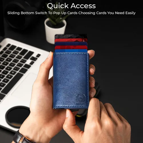 Vista 3 de STM Leaders Tarjetero delgado billetera con bloqueo RFID, cartera de cuero automática desplegable triple cartera de aluminio cartera de visita