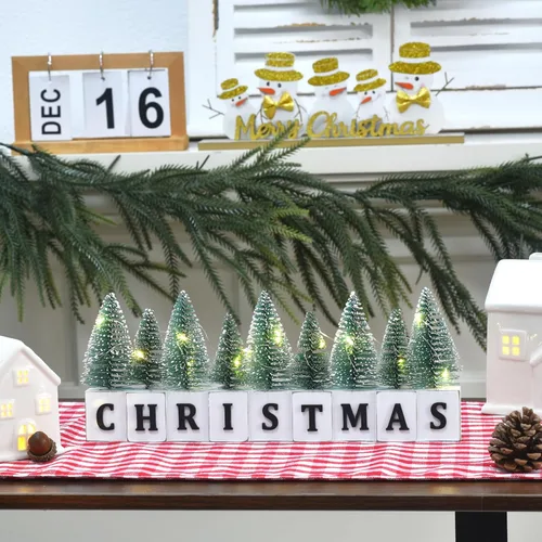 Vista 6 de Decoración de Árbol de Navidad Iluminada con LED para Mesa, Decoración Rústica de Navidad de Madera con Árboles Mini, Letrero de Navidad en Bloque