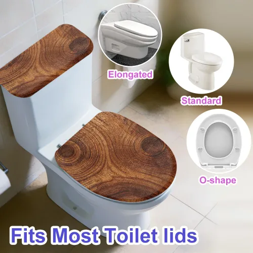 Vista 3 de Juego de 2 fundas de tapa de inodoro de grano de madera y cubierta de tanque, juego de fundas elásticas rústicas para asiento de inodoro