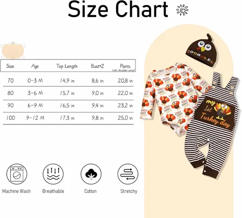 Vista 6 de My First Thanksgiving Outfit - Conjunto de ropa para bebé recién nacido, diseño de pavo + pantalones con tirantes + sombrero para Acción de Gracias