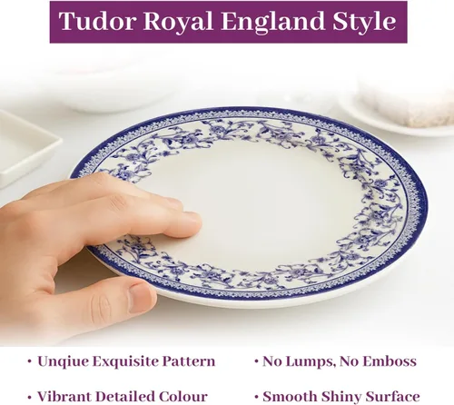 Vista 5 de TUDOR ROYAL - Juego de vajilla redonda de porcelana de 12 piezas, servicio para 4, diseño azul aster, multicolor floral, platos, tazones, tazas
