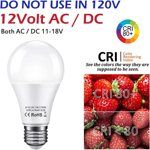 Vista 2 de BAYSHE Bombilla LED de 12 V, equivalente a 60 vatios, E26, 7 W, 630 lúmenes, 12 voltios, luces de bajo voltaje, CA/CC, 11-18 V, A19-12 voltios 2700K