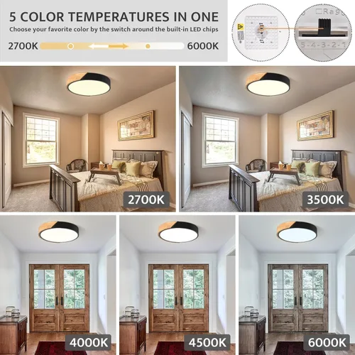 Vista 2 de Moderna lámpara de techo de madera regulable, LED minimalista 5CCT 2700K-6000K, lámpara de techo empotrada, lámpara de iluminación redonda para Negro